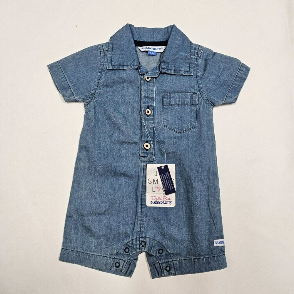 Rugged Ruffle Butts Sz 0-3m Blue Denim Chambray Romper One Piece Rufflebutts Nwt